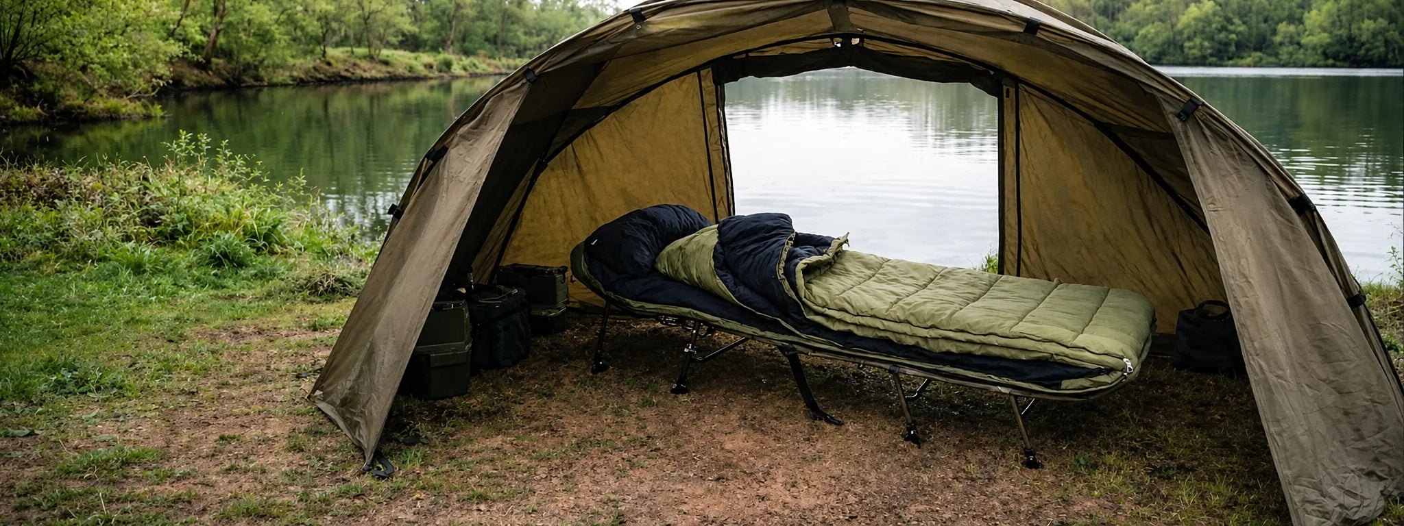 Bedchair avec duvet installé sous un bivvy face au plan d'eau pour une session carpe