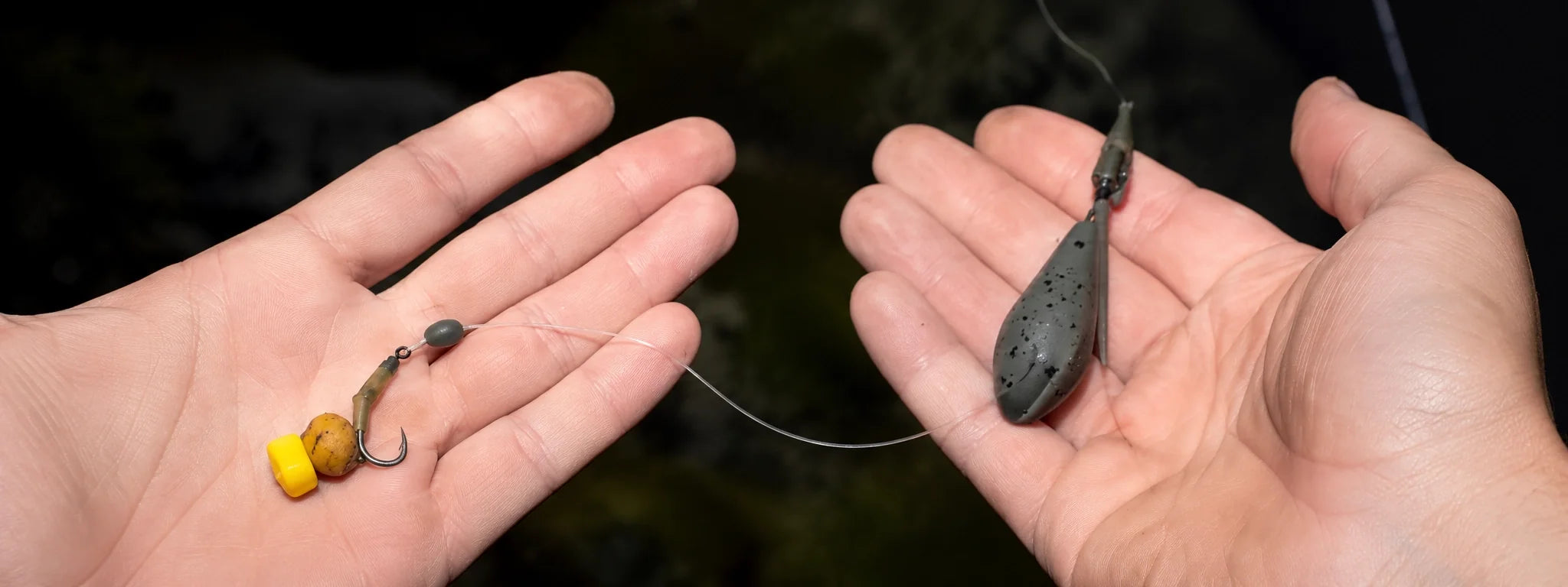 Bas de ligne carpe avec appât et plomb poire tenus dans les mains au bord de l'eau
