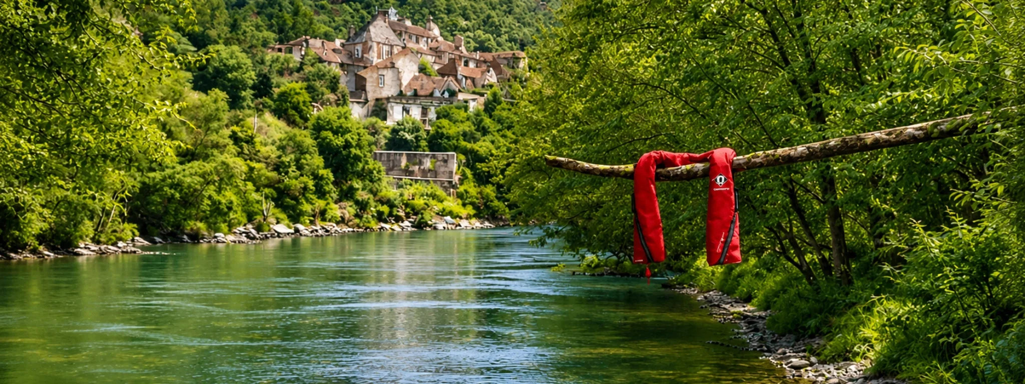 Gilet de sauvetage gonflable rouge suspendu à une branche au bord d'une rivière