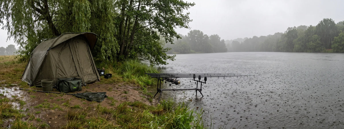 Pluie et pêche de la carpe : poste de carpiste sous l'averse