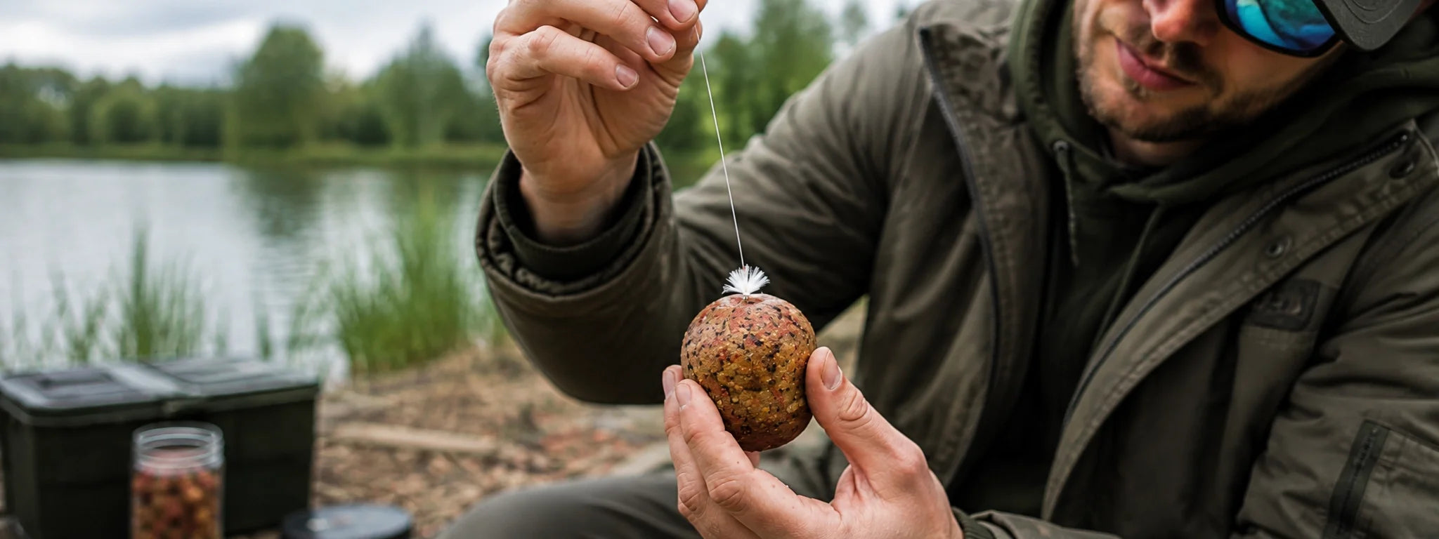 Carpiste tenant un stick de filet PVA hameçonné au bord de l'eau