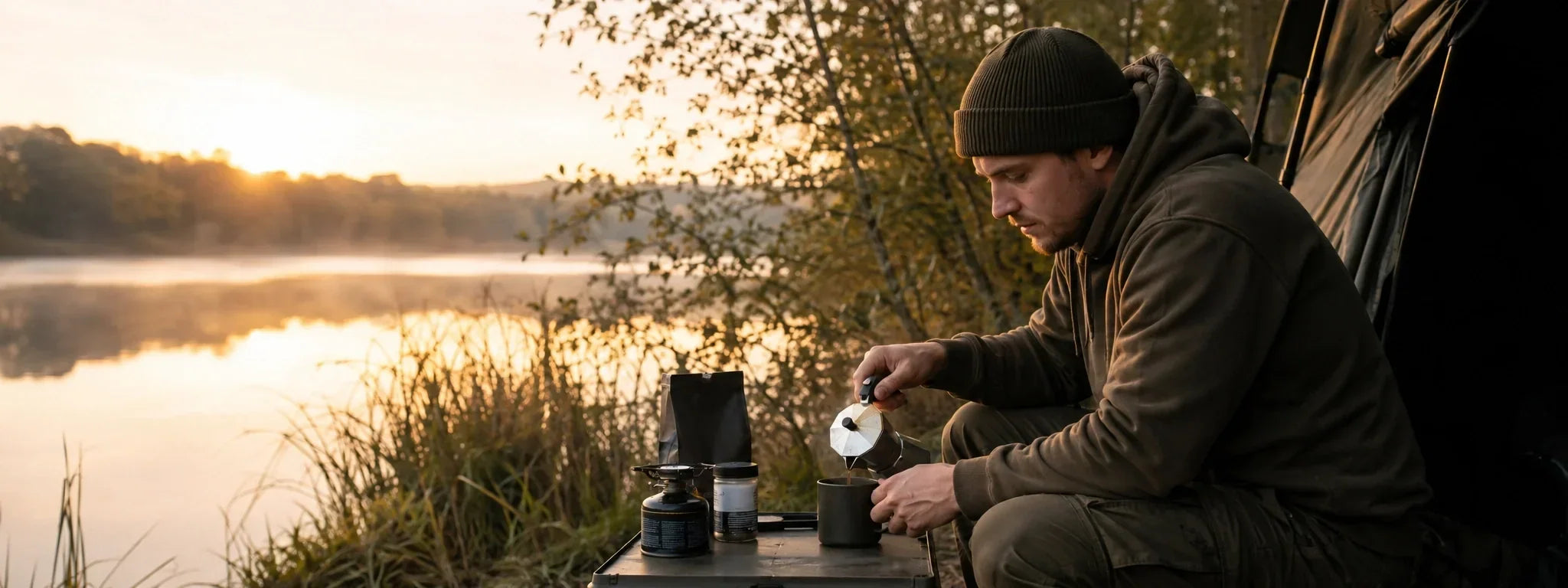 Carpiste préparant son café au réchaud au lever du jour au bord de l'étang