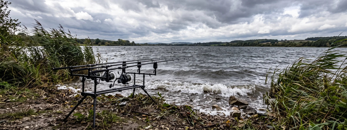Vent et pêche de la carpe : vagues sur la rive battue par le vent