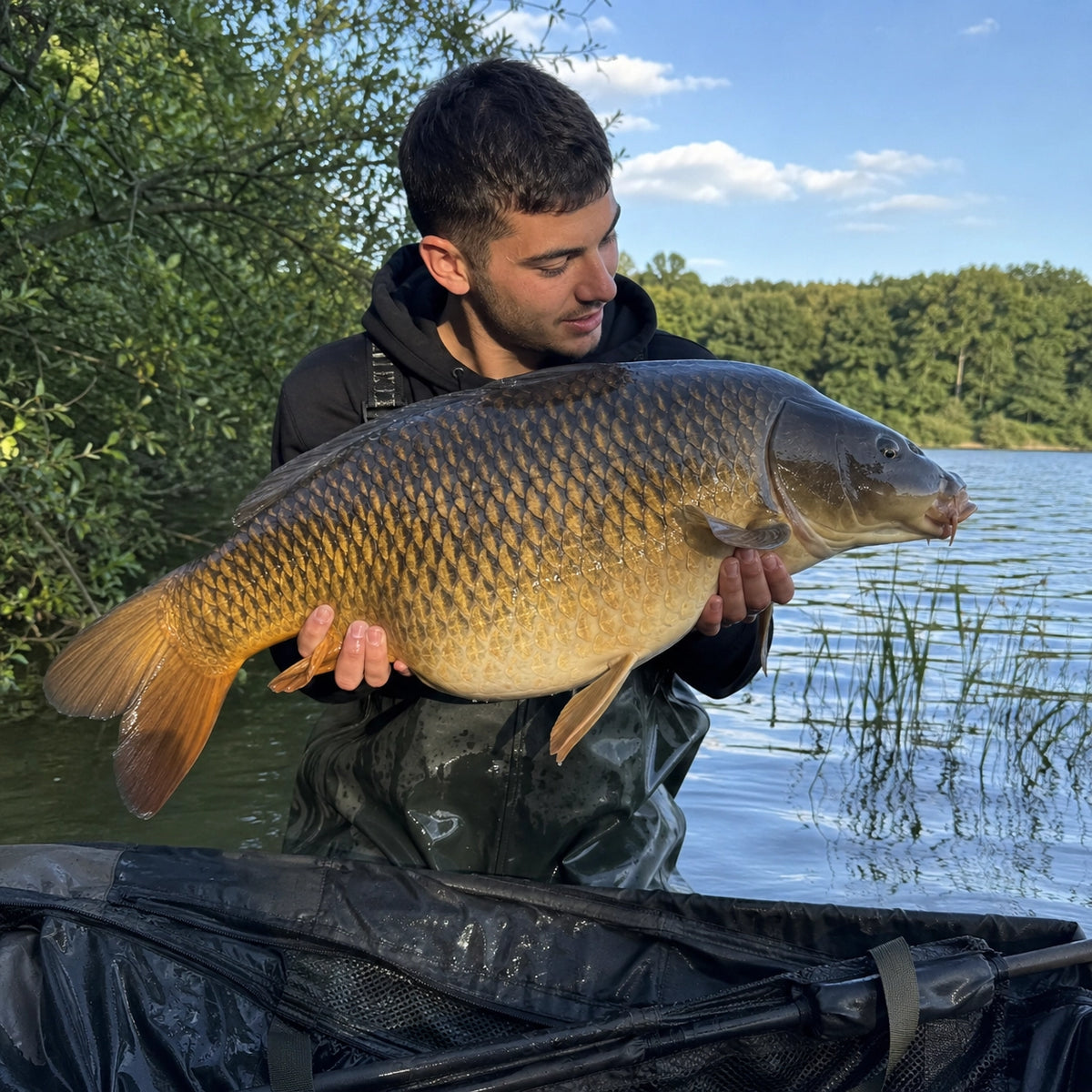 Pêcheur avec une grosse carpe commune au bord d'un lac de Corrèze
