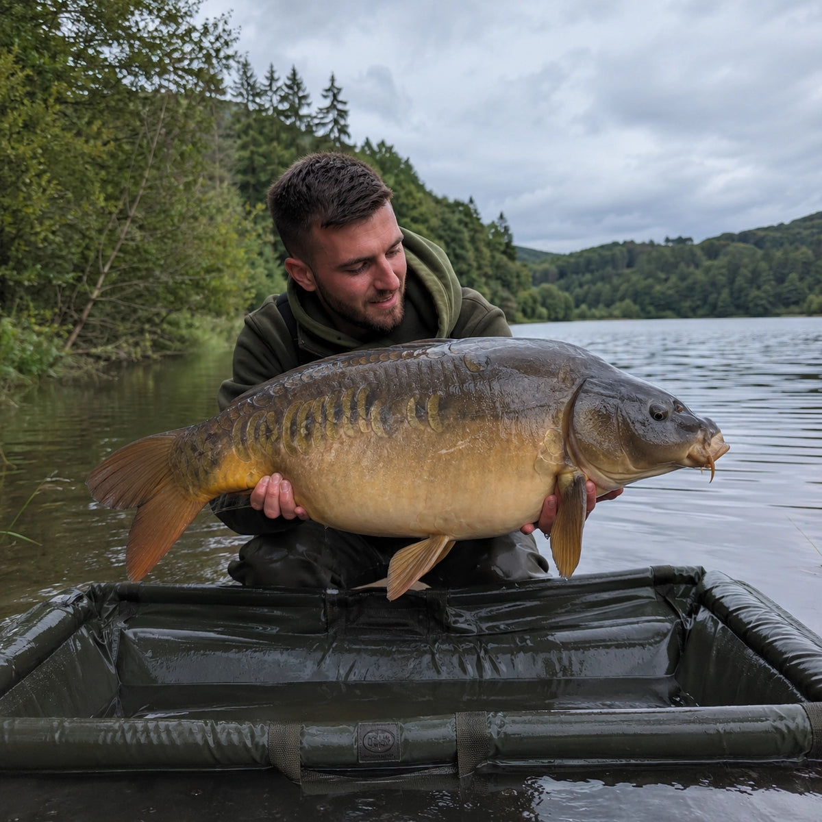 Pêcheur avec une carpe miroir sur un tapis de réception au bord d'un lac de Creuse