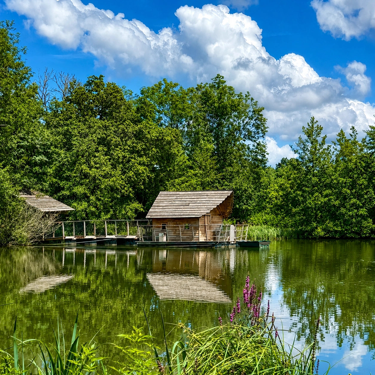 Cabanes flottantes installées sur l'étang du Domaine de la Dombes à Saint-Paul-de-Varax