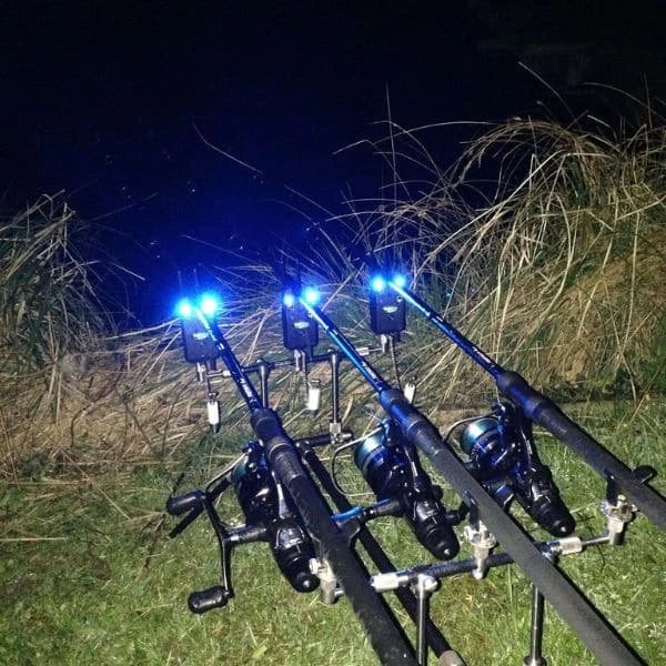 Trois cannes à carpe action semi-parabolique sur rod-pod avec détecteurs allumés en session de nuit