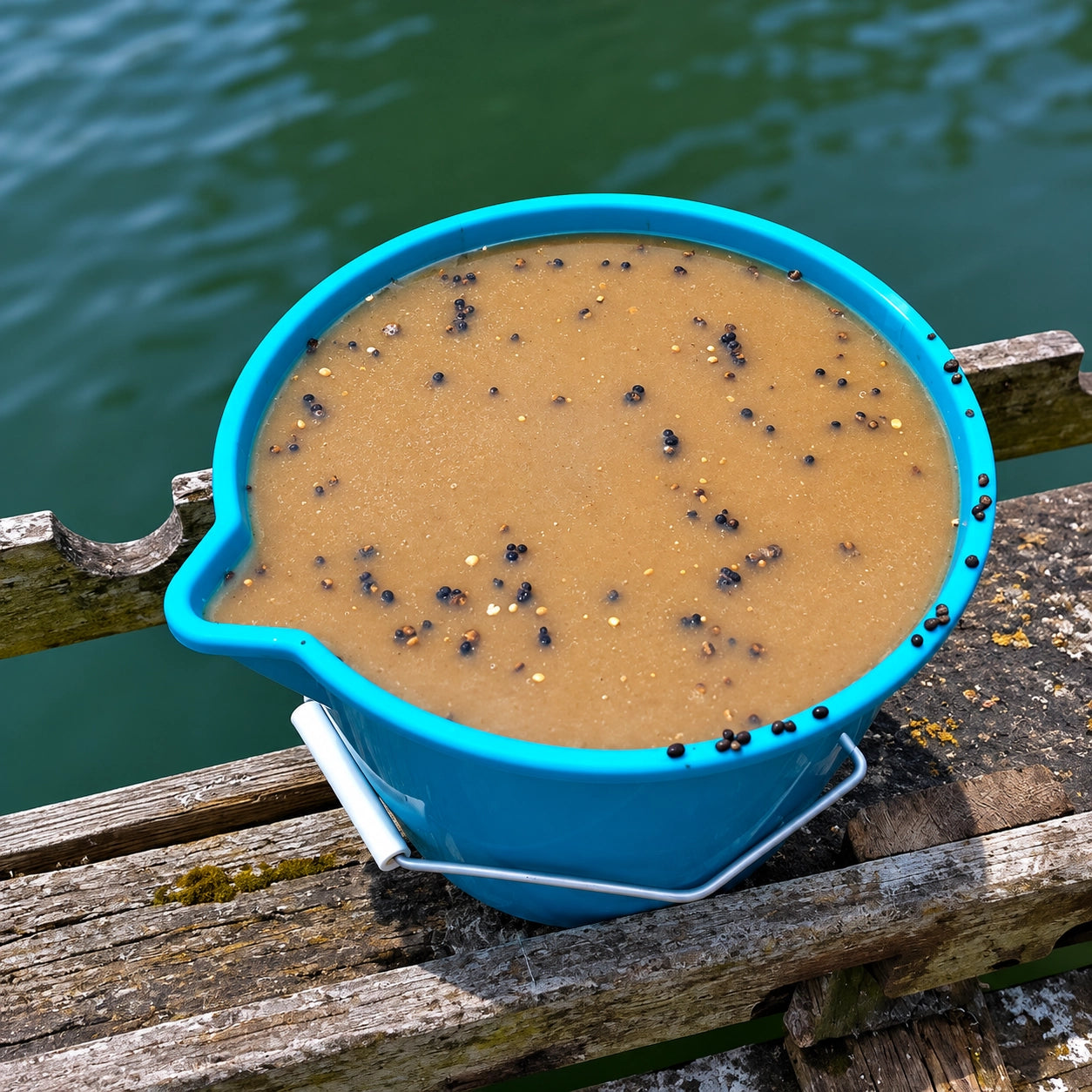 Seau bleu d'amorce mélangée au chènevis posé sur un ponton au bord de l'eau