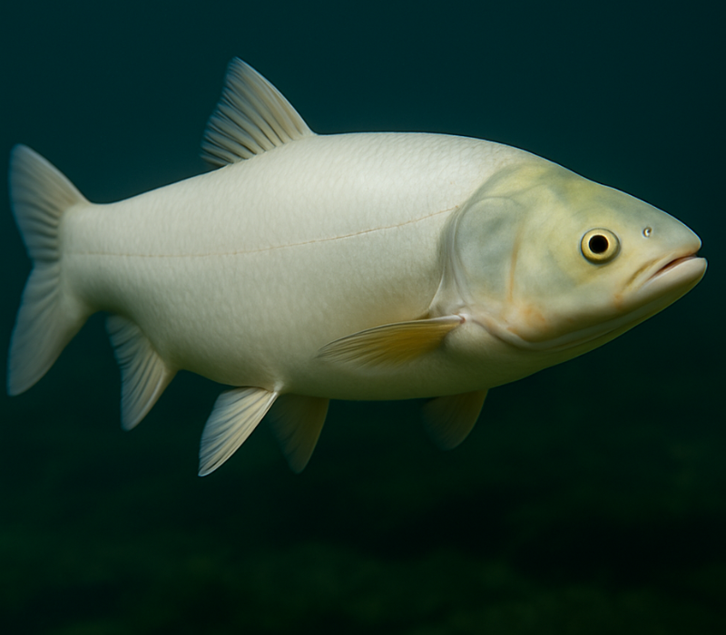 Amour argenté (Hypophthalmichthys molitrix) photographié sous l'eau, corps blanc argenté et yeux placés bas