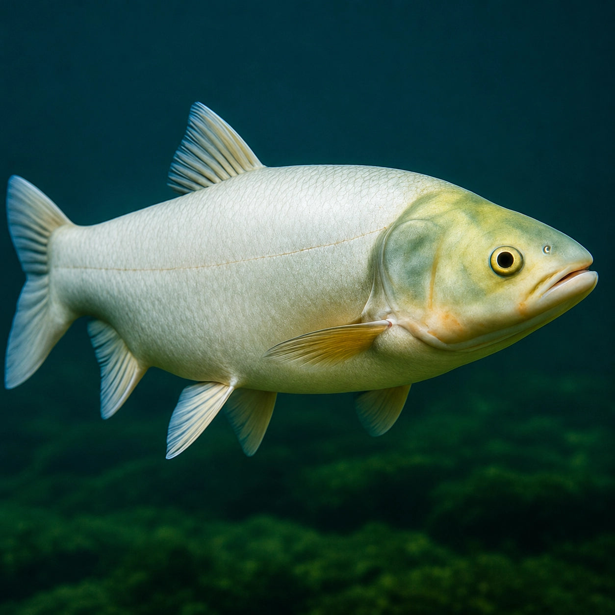 Amour argenté (Hypophthalmichthys molitrix) photographié sous l'eau, corps blanc argenté et yeux placés bas