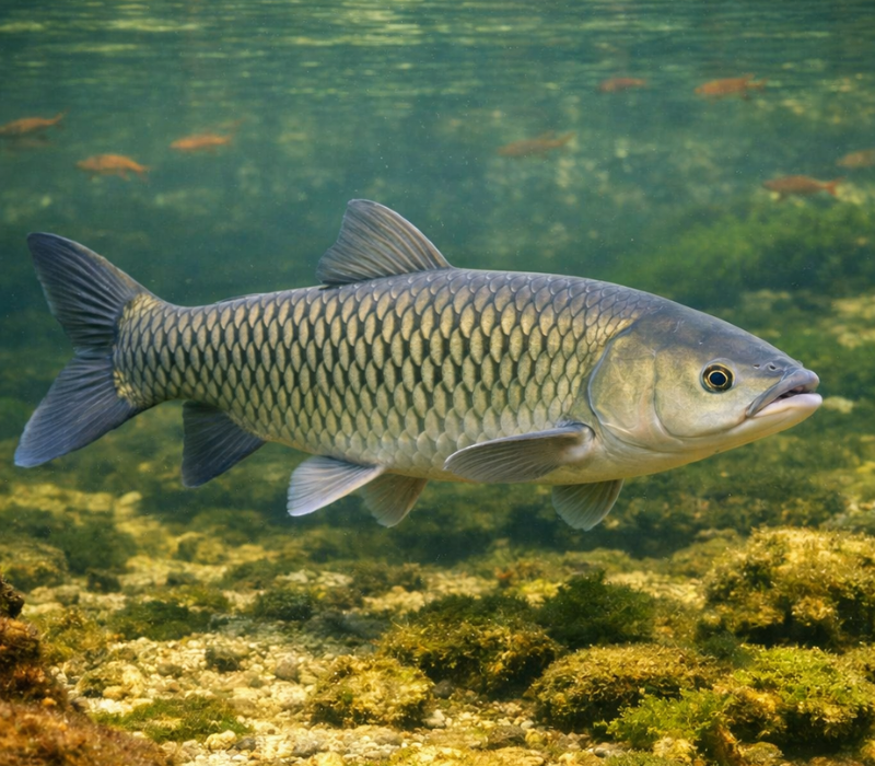 Carpe amour blanc (Ctenopharyngodon idella) nageant sous l'eau au-dessus d'un fond de végétation aquatique