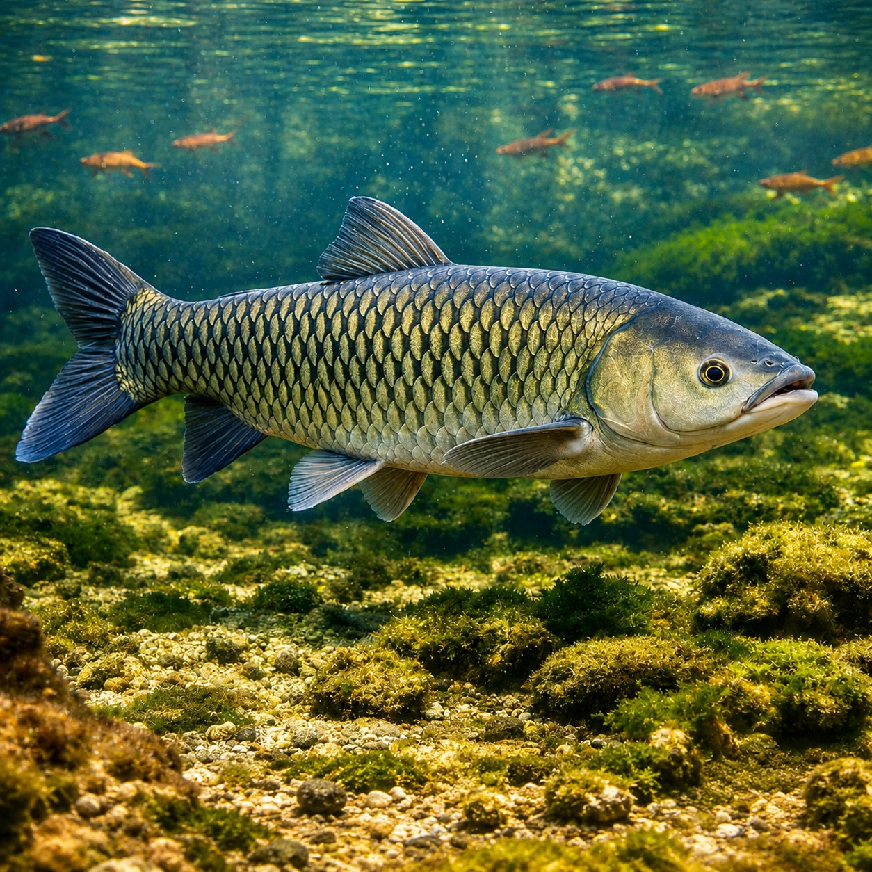 Carpe amour blanc (Ctenopharyngodon idella) nageant sous l'eau au-dessus d'un fond de végétation aquatique