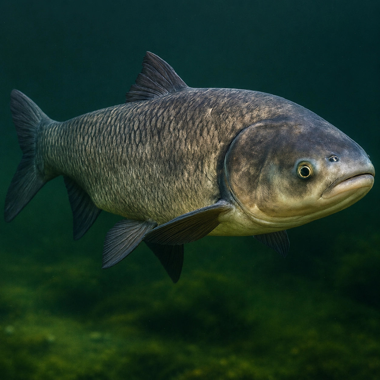 Amour marbré en gros plan sous l'eau, reconnaissable à sa tête massive et sombre