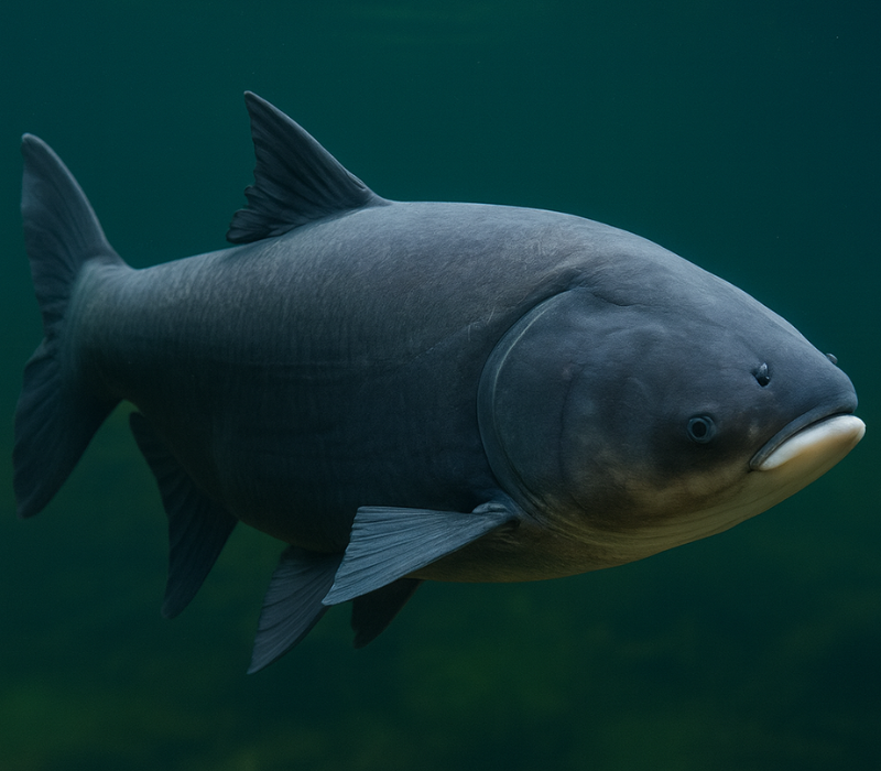 Amour noir (Mylopharyngodon piceus) sous l'eau, corps sombre ardoisé et lèvres blanchâtres