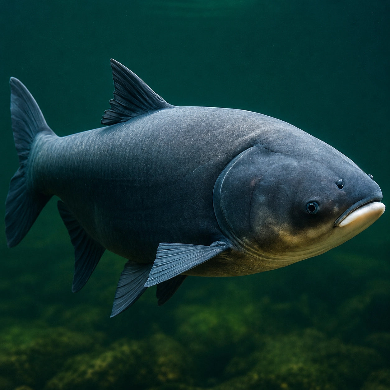 Amour noir (Mylopharyngodon piceus) sous l'eau, corps sombre ardoisé et lèvres blanchâtres
