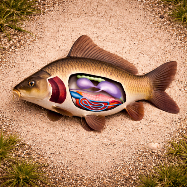 Anatomie interne de la carpe montrant les organes : branchies, vessie natatoire et intestin