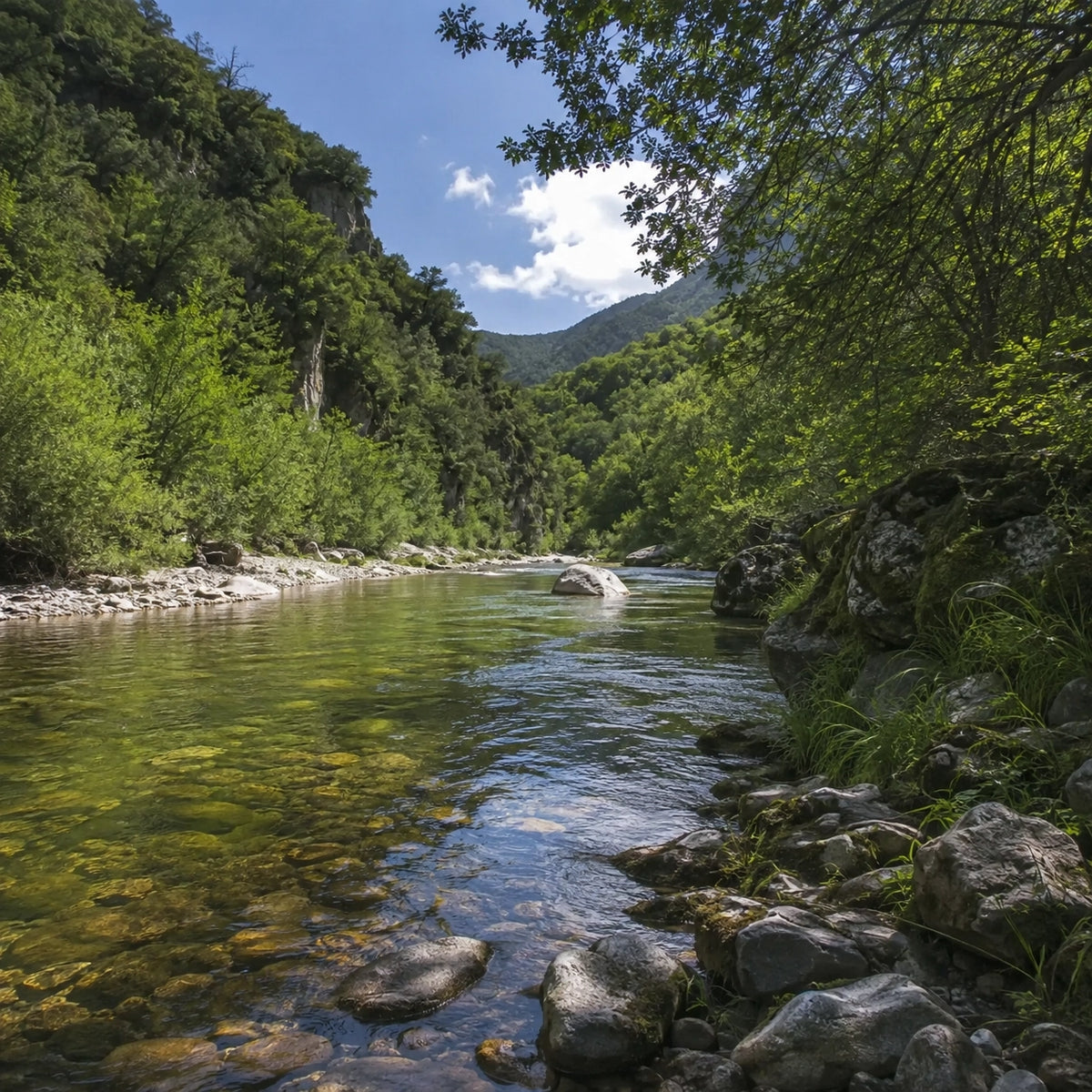 Rivière courante aux eaux claires encaissée entre des versants boisés