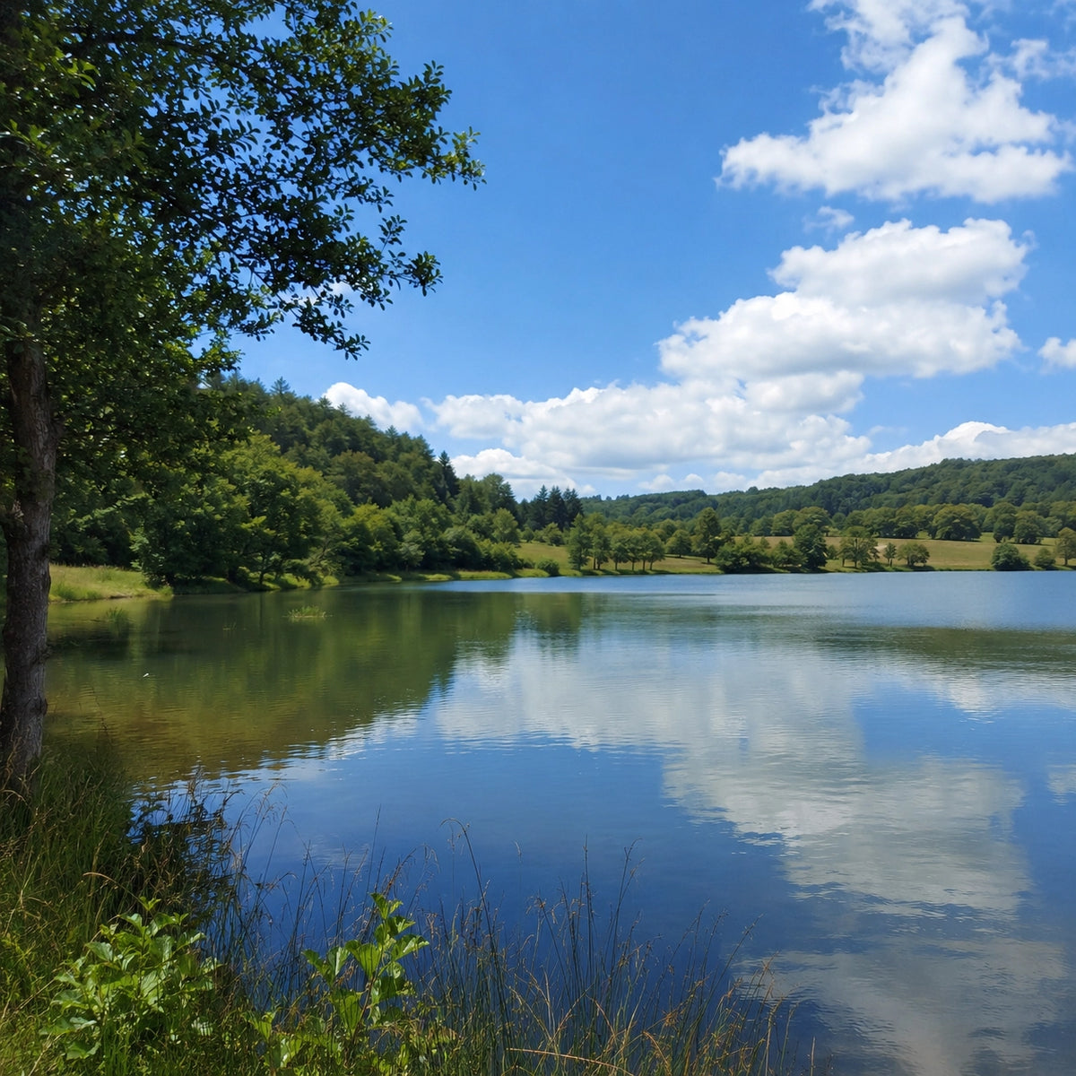 Étang privé du Périgord bordé de bois et de prairies, ouvert à la pêche de la carpe
