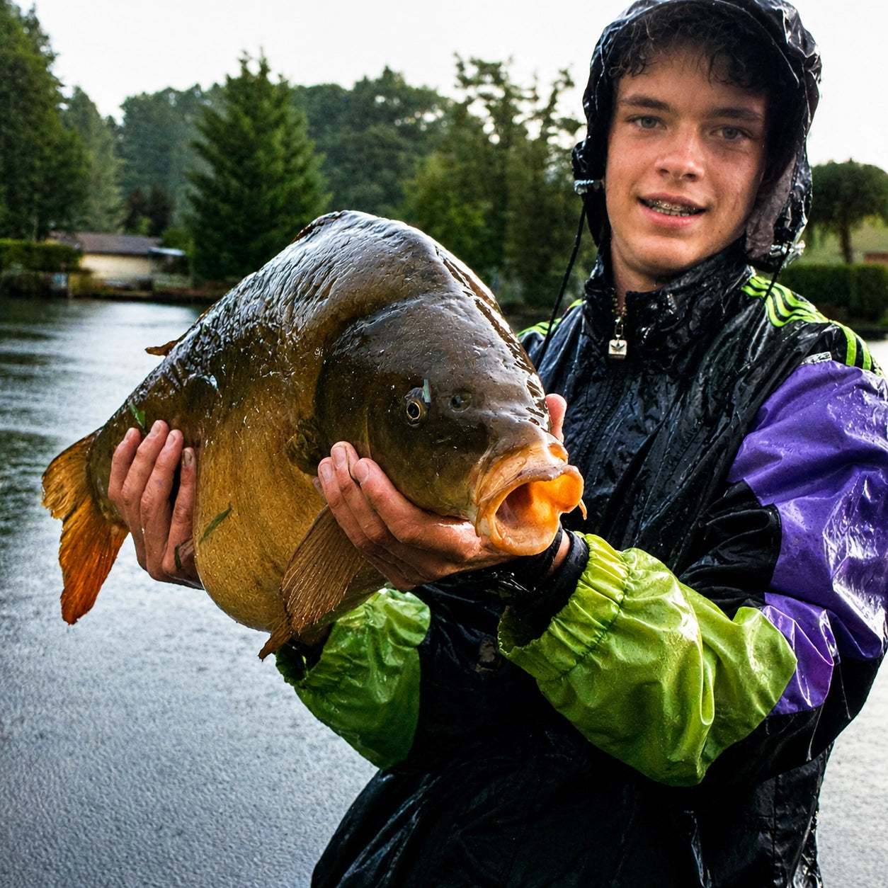 Jeune carpiste titulaire d'un Bac Pro aquaculture tenant une carpe miroir sous la pluie