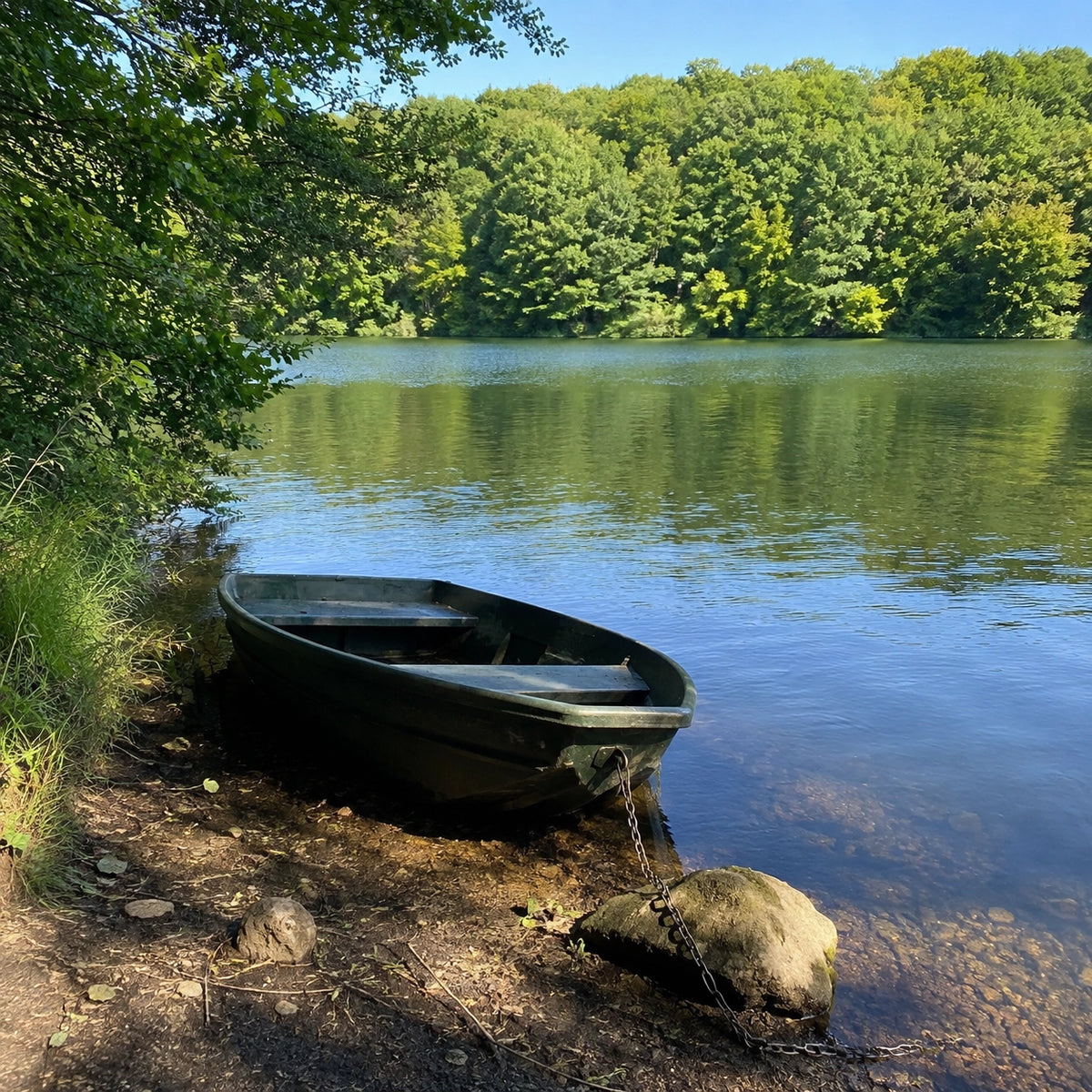 Barque amarrée sur la berge d'un plan d'eau de Côte-d'Or, pêche en embarcation soumise au timbre barque