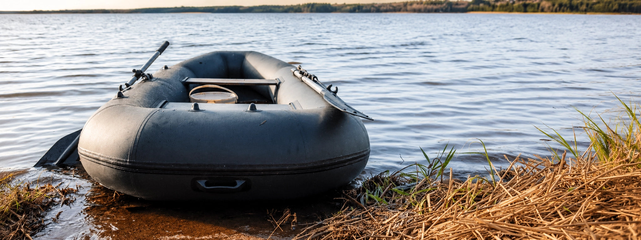 Bateau pneumatique gris avec seau d'amorçage échoué sur une berge de lac