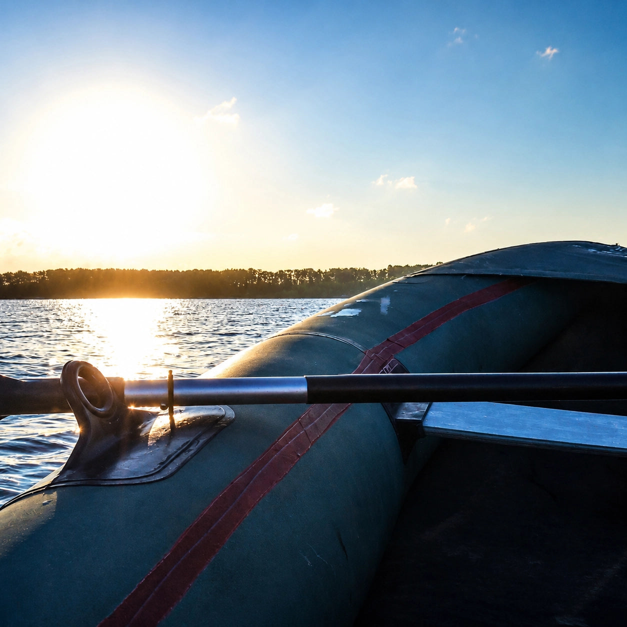 Rame et boudin d'un bateau pneumatique au coucher du soleil sur un lac