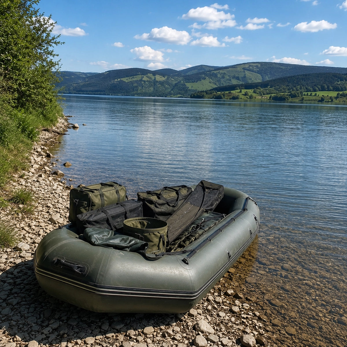 Bateau pneumatique chargé de matériel de carpiste sur la berge d'un lac de barrage du Cantal