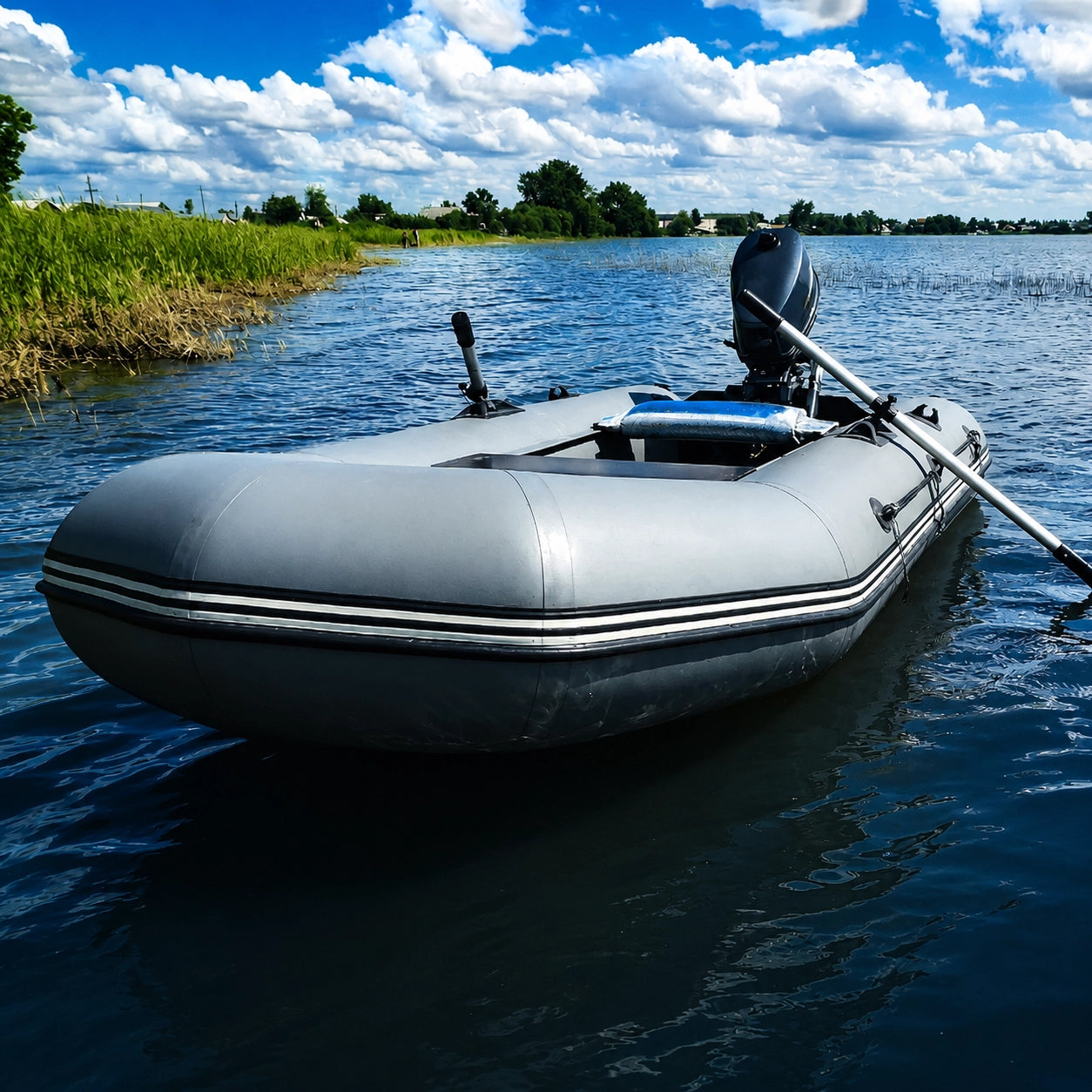 Bateau pneumatique gris motorisé électrique naviguant sur un lac