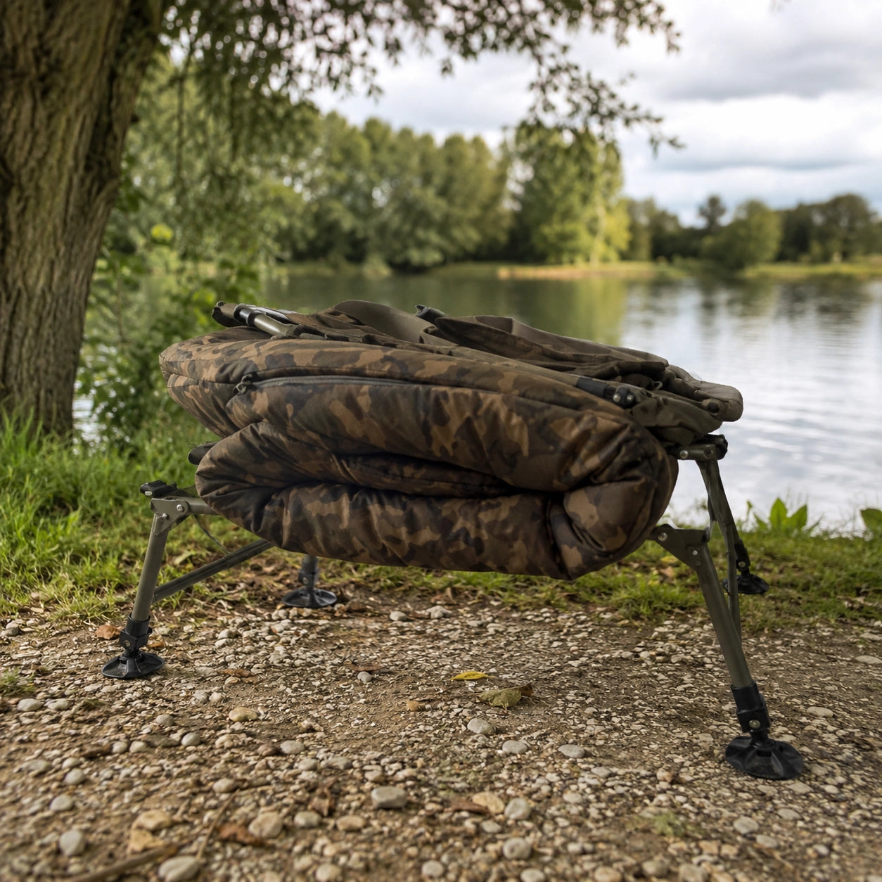 Bedchair camo à duvet intégré replié et posé sur la berge