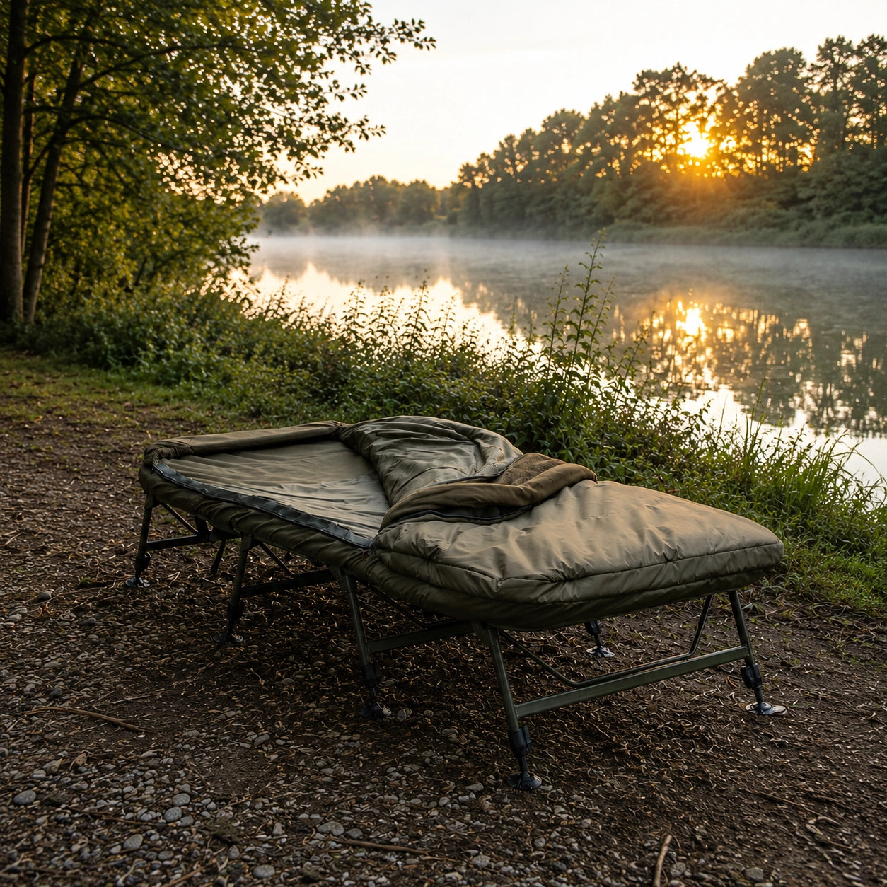 Bedchair et duvet installés sur la berge au lever du soleil