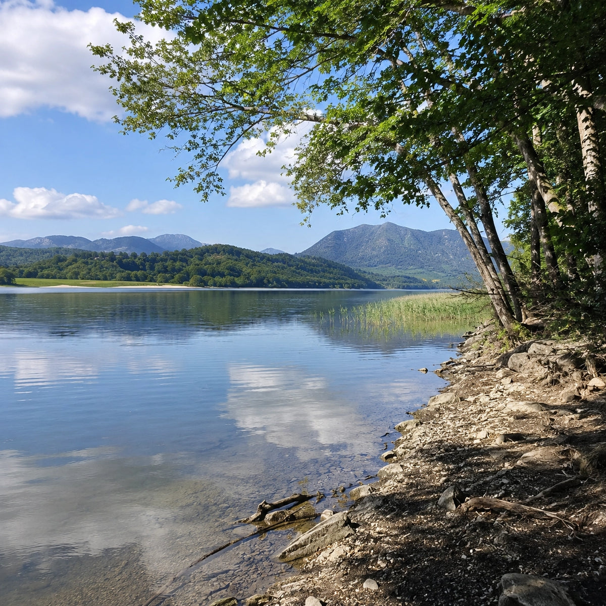 Berge de galets d'un grand lac de barrage avec des montagnes en arrière-plan
