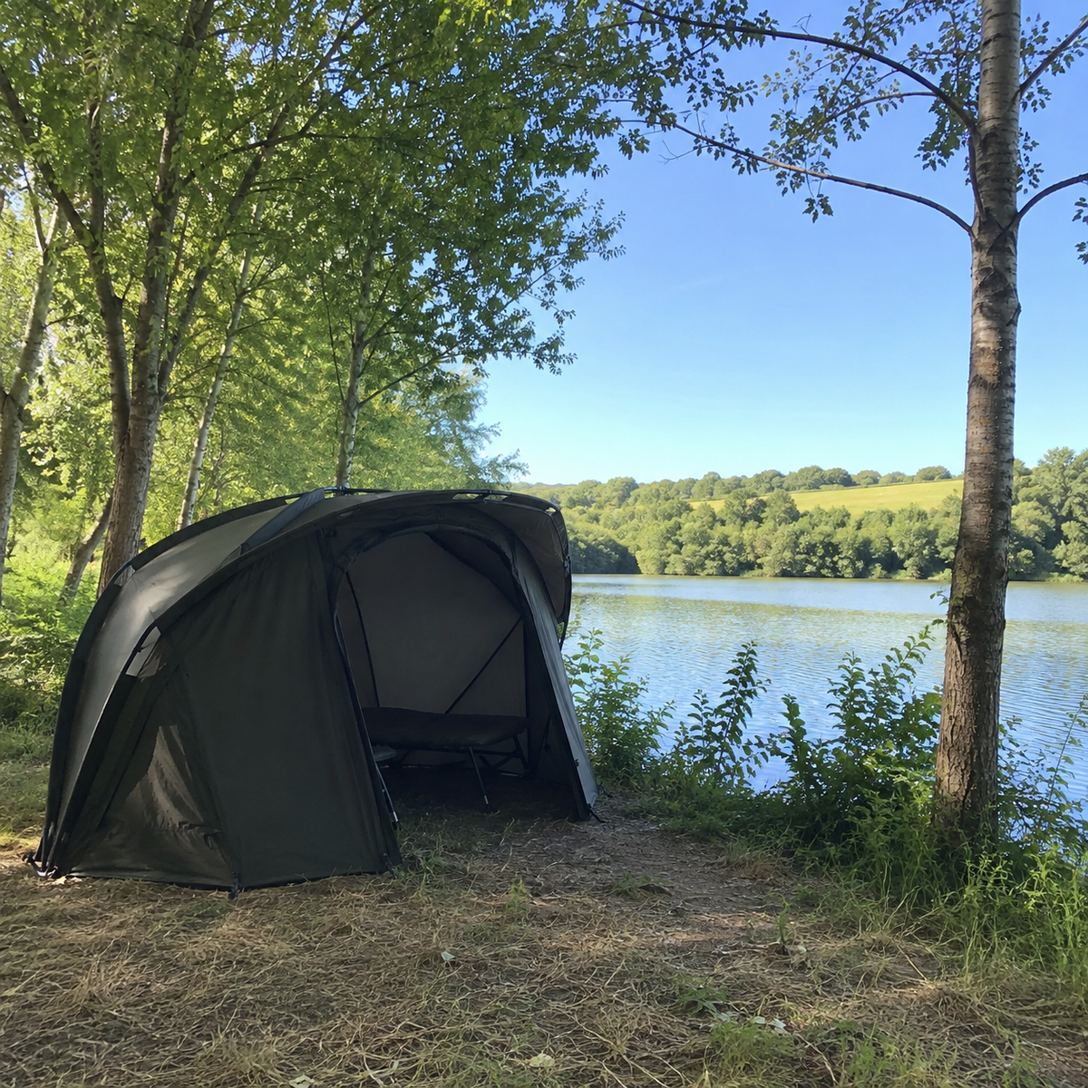 Bivouac carpe monté sous les arbres en bordure d'un lac du Gers