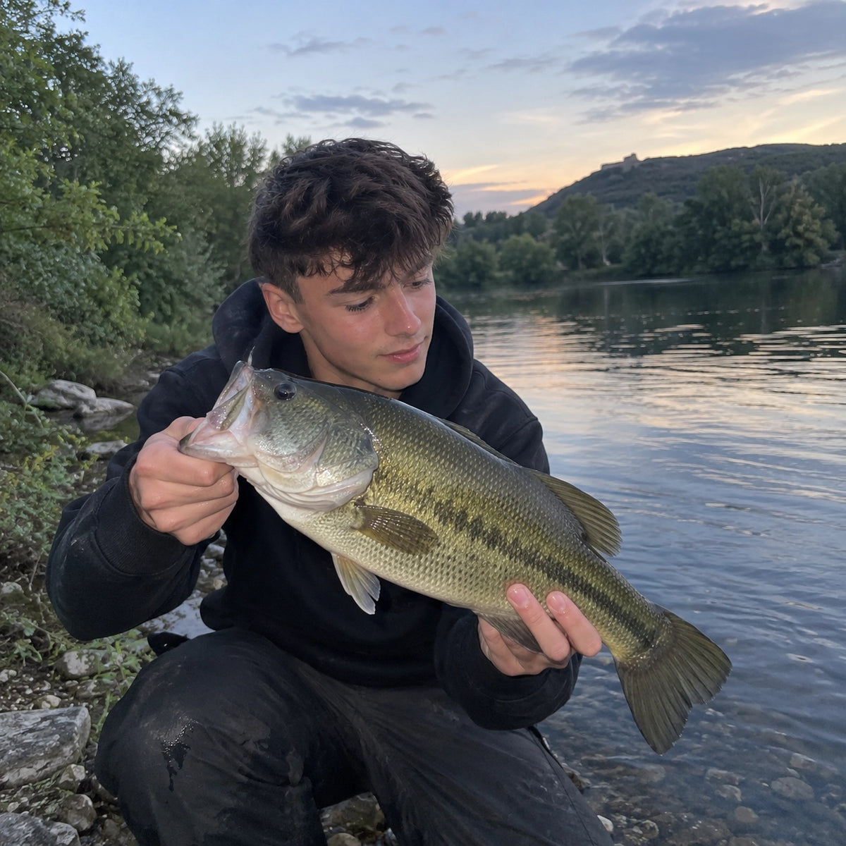 Black-bass pris au coucher du soleil sur un plan d'eau de l'Aude, parmi les espèces croisées en seconde catégorie