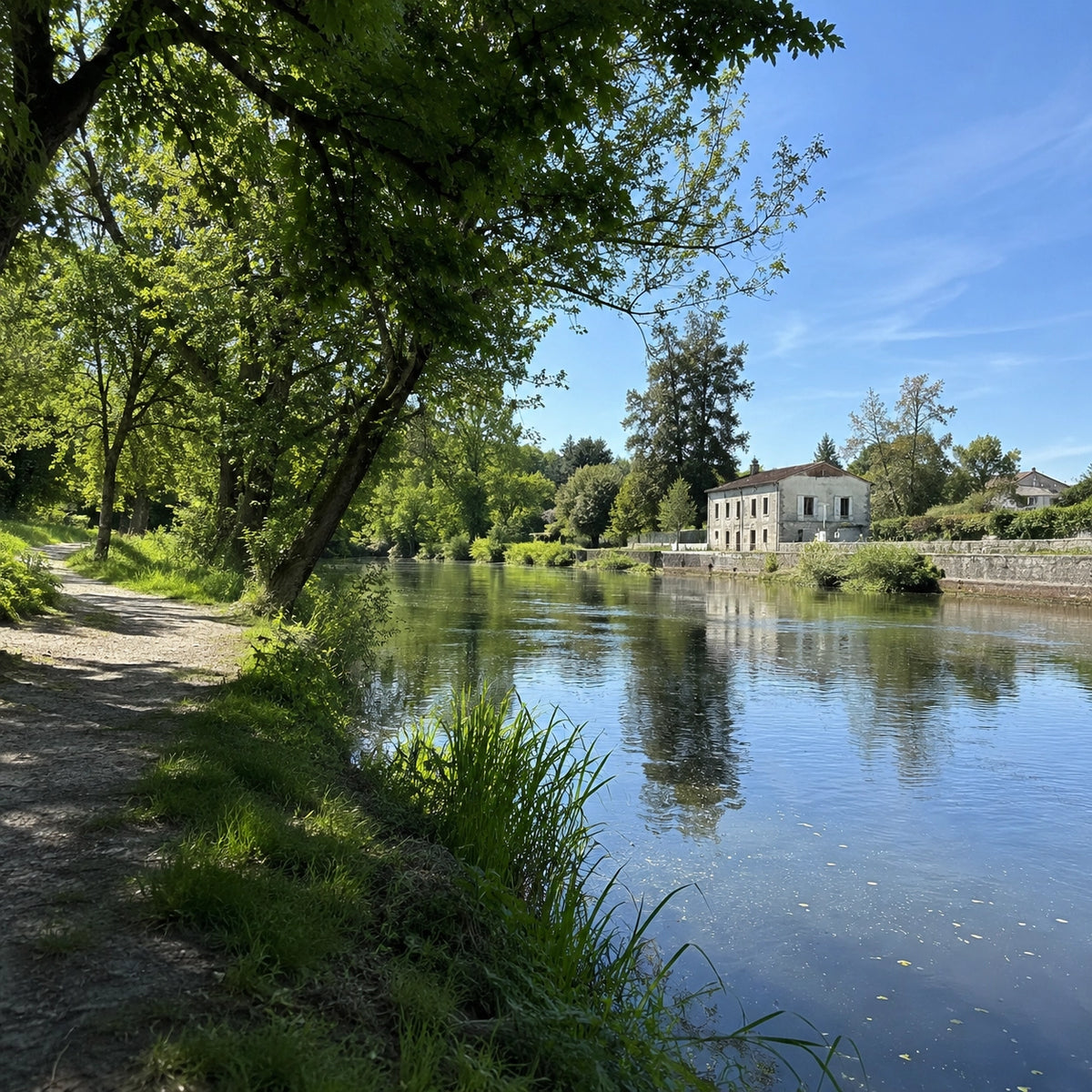 Rivière lente bordée d'arbres en Charente-Maritime, secteur de la Boutonne et de la Seugne