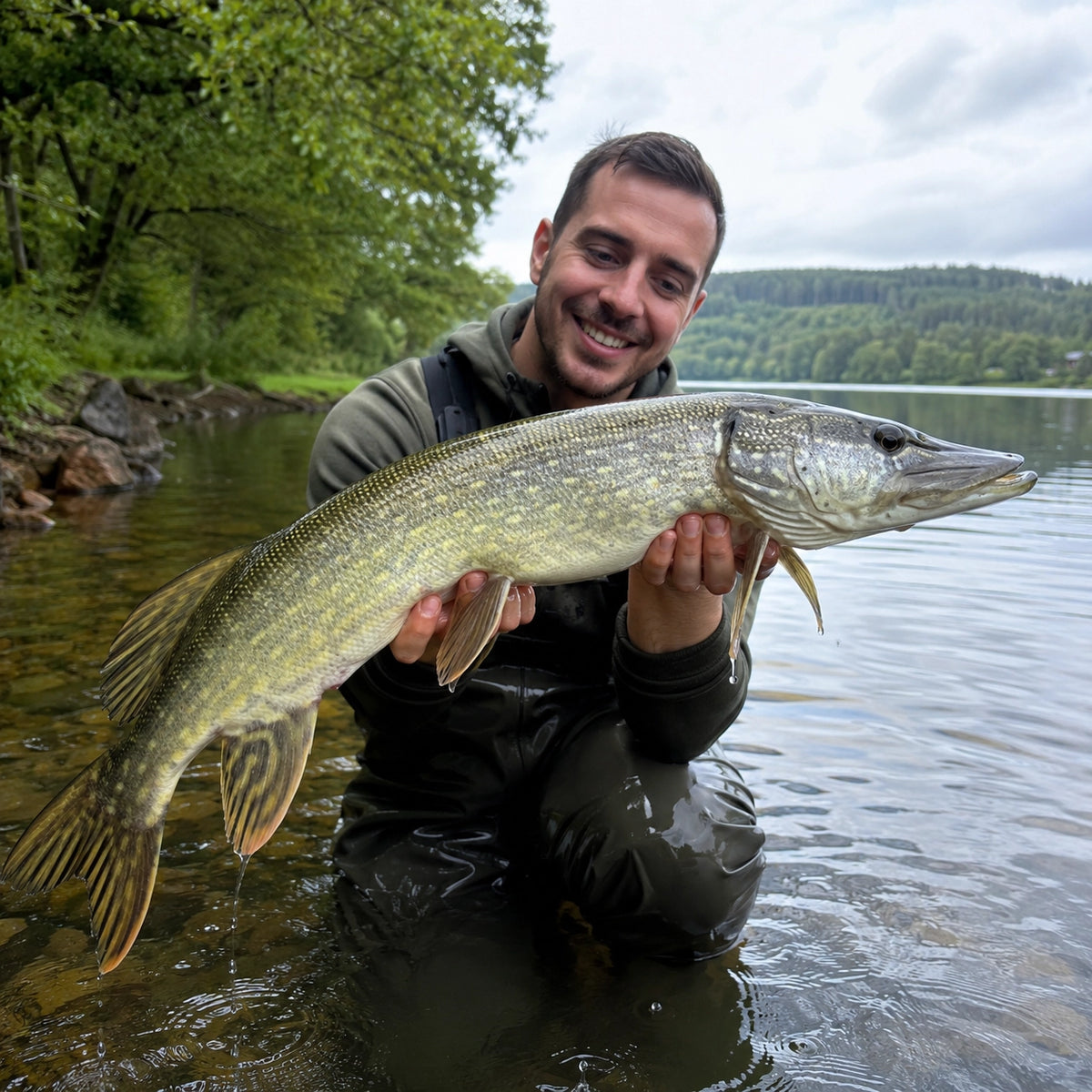 Brochet capturé sur un lac corrézien, espèce phare du département aux côtés de la carpe