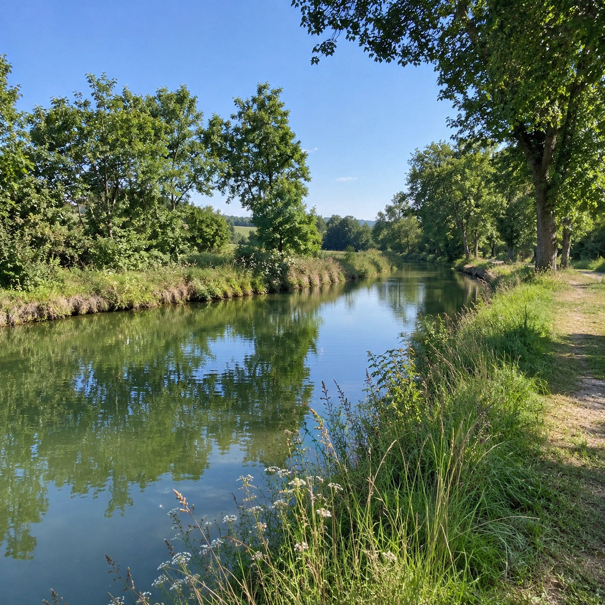 Canal de Bourgogne bordé de platanes, long linéaire à parcours de carpe de nuit