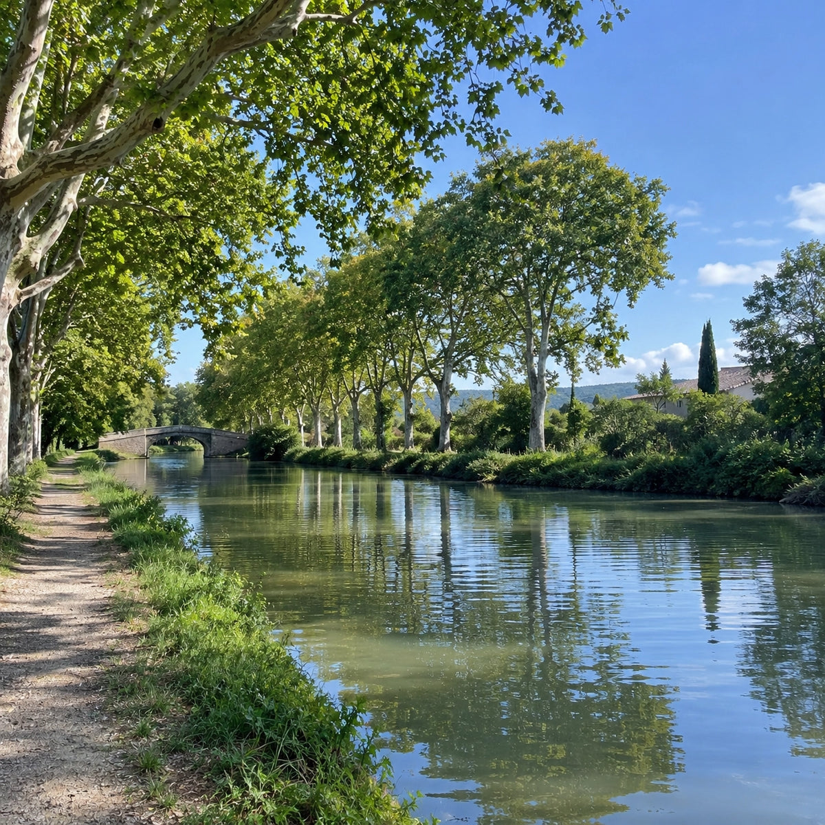 Chemin de halage et platanes le long du Canal du Midi dans l'Aude, linéaire ouvert à la carpe de nuit