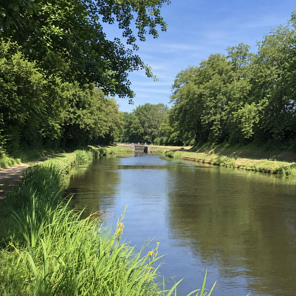 Canal bordé d'un chemin de halage herbeux avec une écluse au loin, illustrant le canal de Nantes à Brest