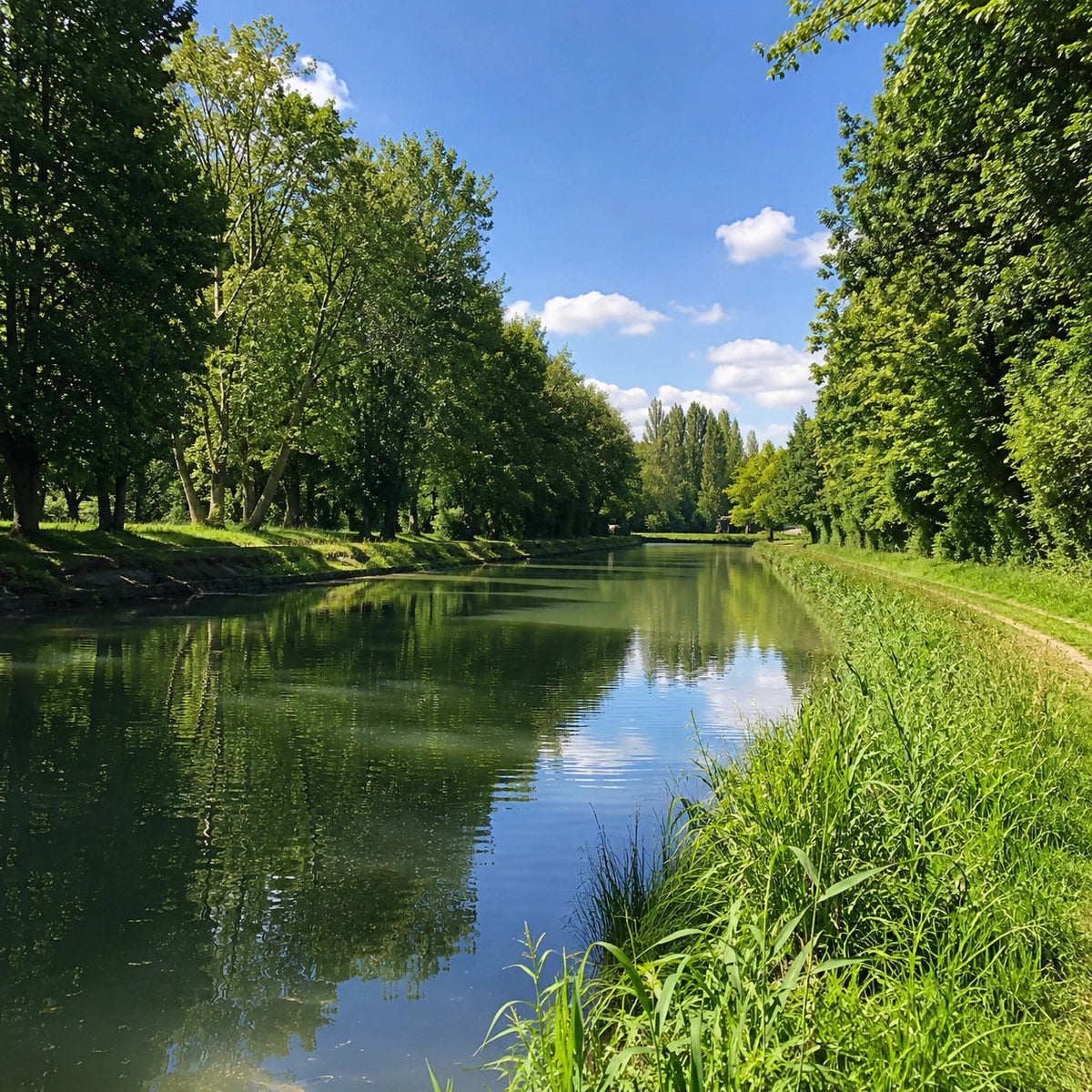 Canal rectiligne bordé d'arbres dans l'Aisne, poste de pêche à la carpe