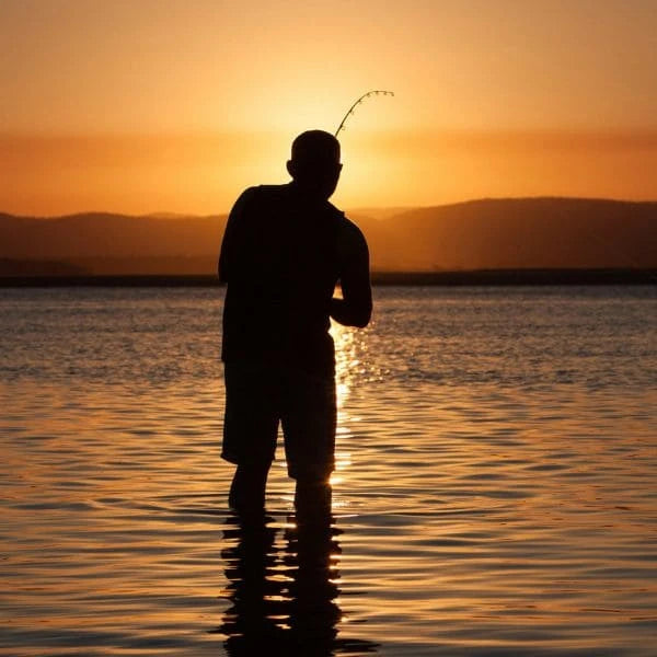 Carpiste en silhouette au coucher du soleil sur grand lac, canne à carpe 13 pieds pour lancers longue distance
