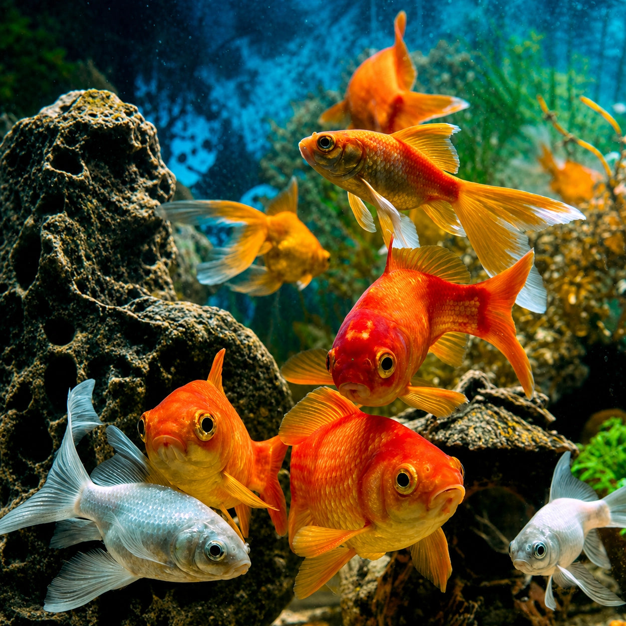 Groupe de poissons rouges et carassins argentés (Carassius auratus) nageant en aquarium, représentants ornementaux de la famille des Cyprinidés proches de la carpe