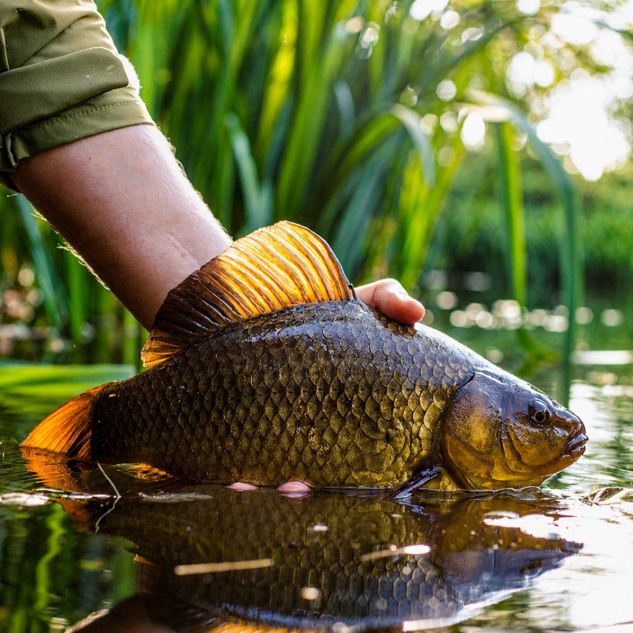 Remise à l'eau d'un carassin commun (Carassius carassius) à la robe dorée-brun foncé et aux nageoires orangées, espèce sauvage apparentée à la carpe
