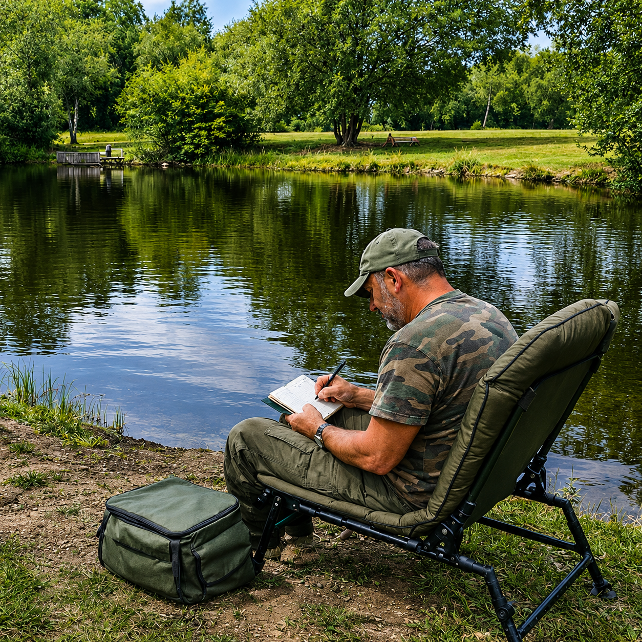Carpiste remplissant son carnet de pêche après une session, étape clé pour identifier les patterns et progresser dans la pêche à la carpe