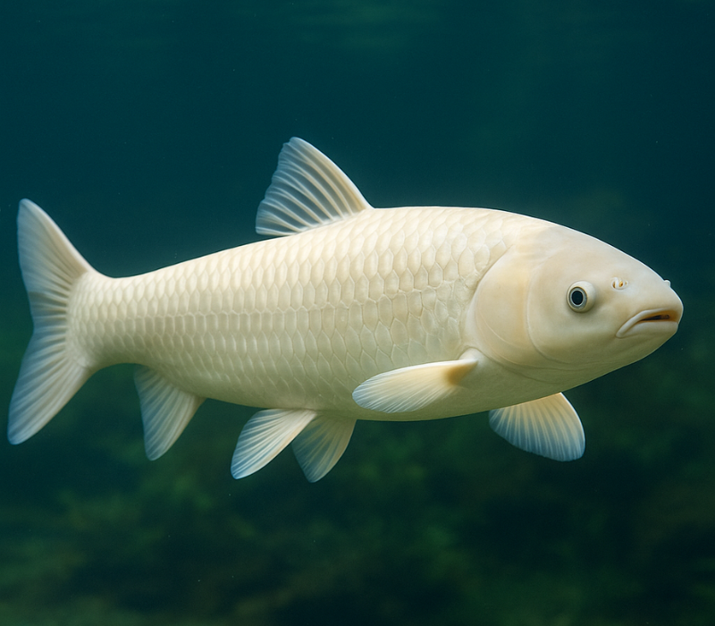 Carpe amour albinos au corps entièrement blanc crème nageant sous l'eau