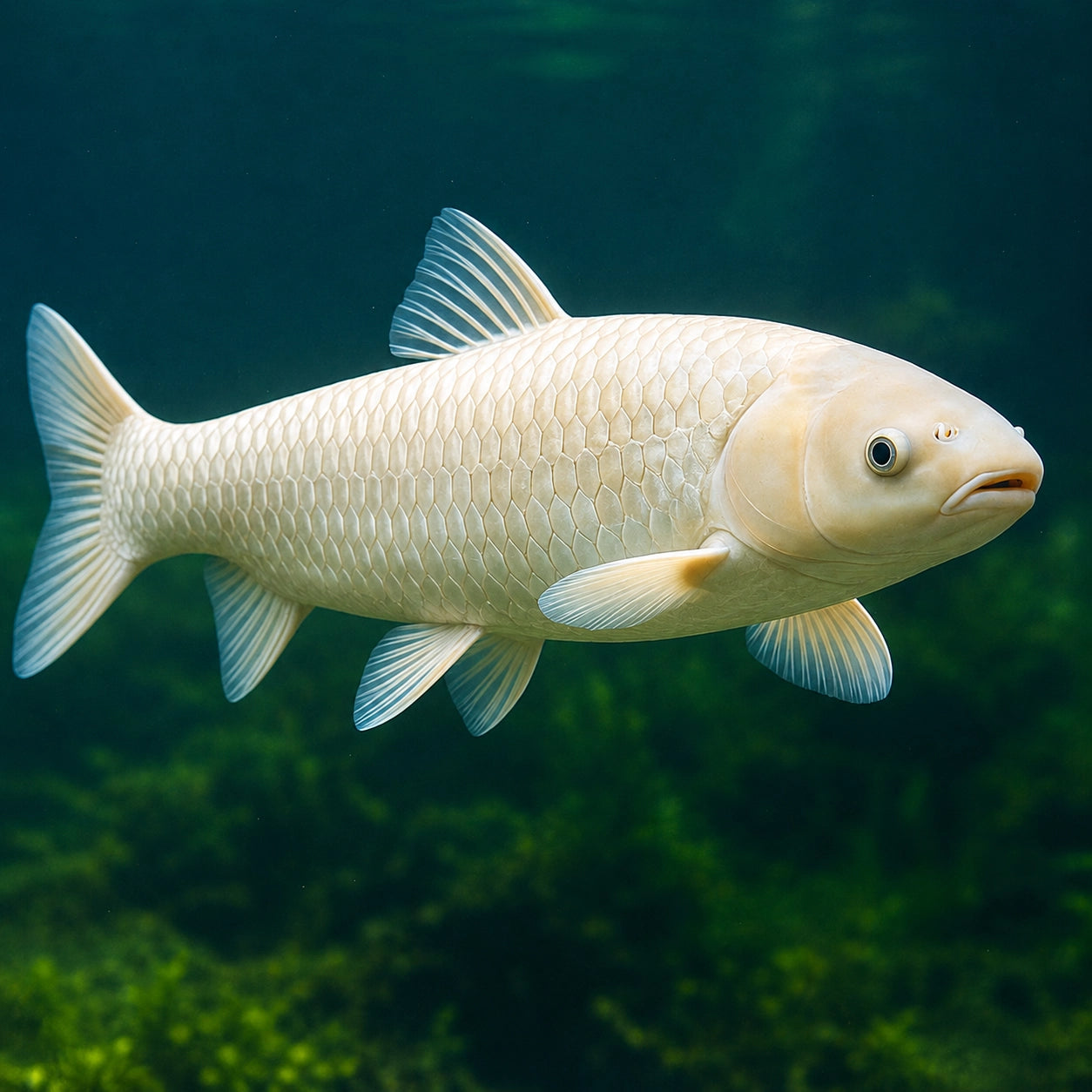 Carpe amour albinos au corps entièrement blanc crème nageant sous l'eau