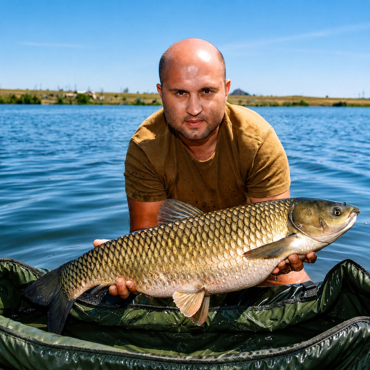 Pêcheur tenant une carpe amour au bord d'un plan d'eau ouvert