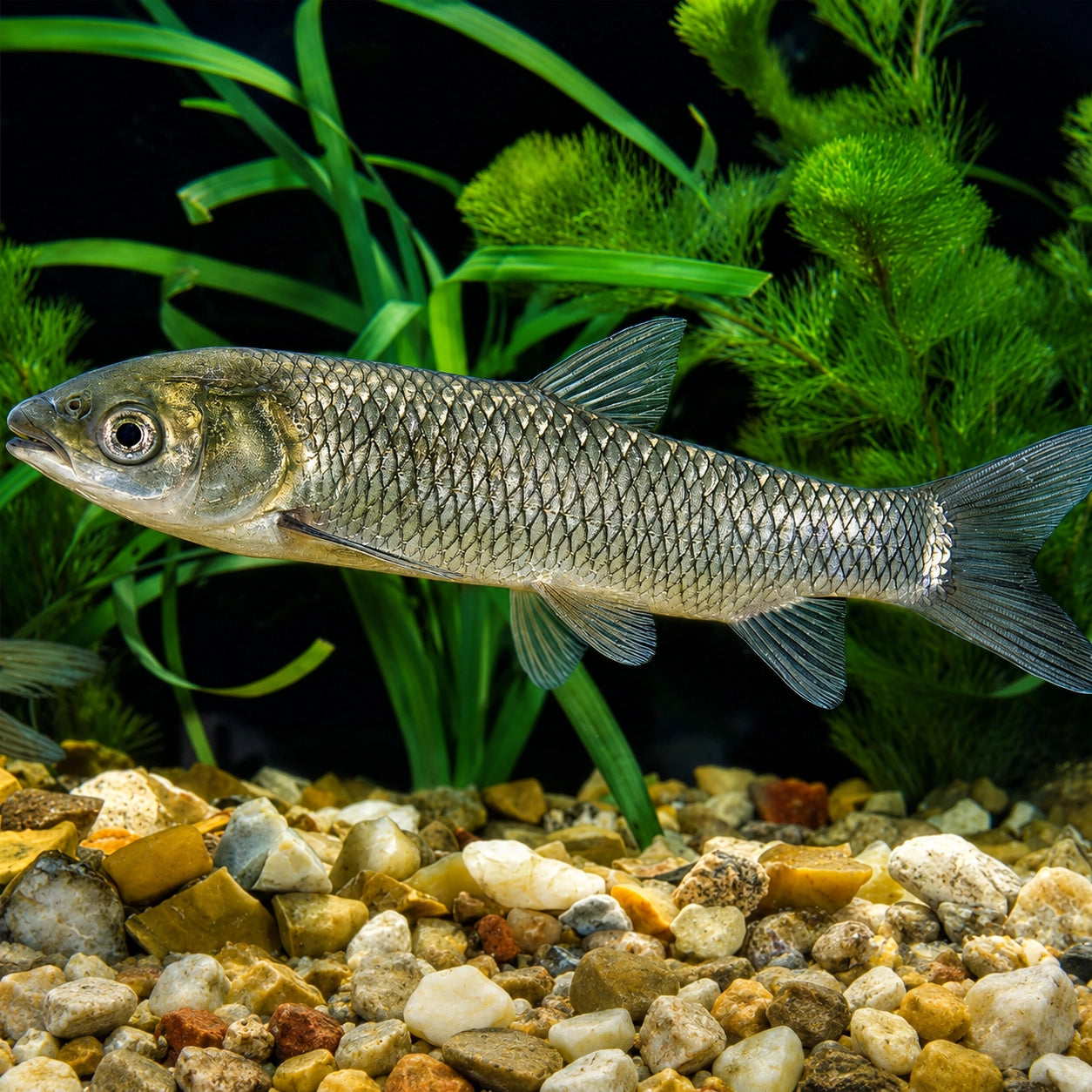 Jeune carpe amour juvénile en aquarium, corps argenté et forme allongée caractéristique