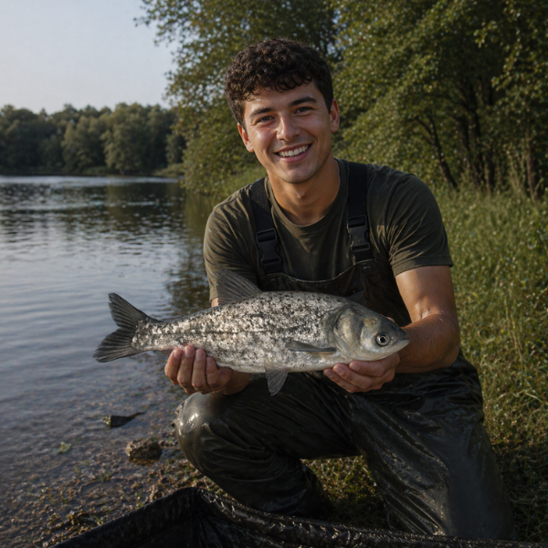 Jeune pêcheur tenant une carpe argentée (Hypophthalmichthys molitrix) au bord de l'eau, espèce filtrante à écaillure fine argentée