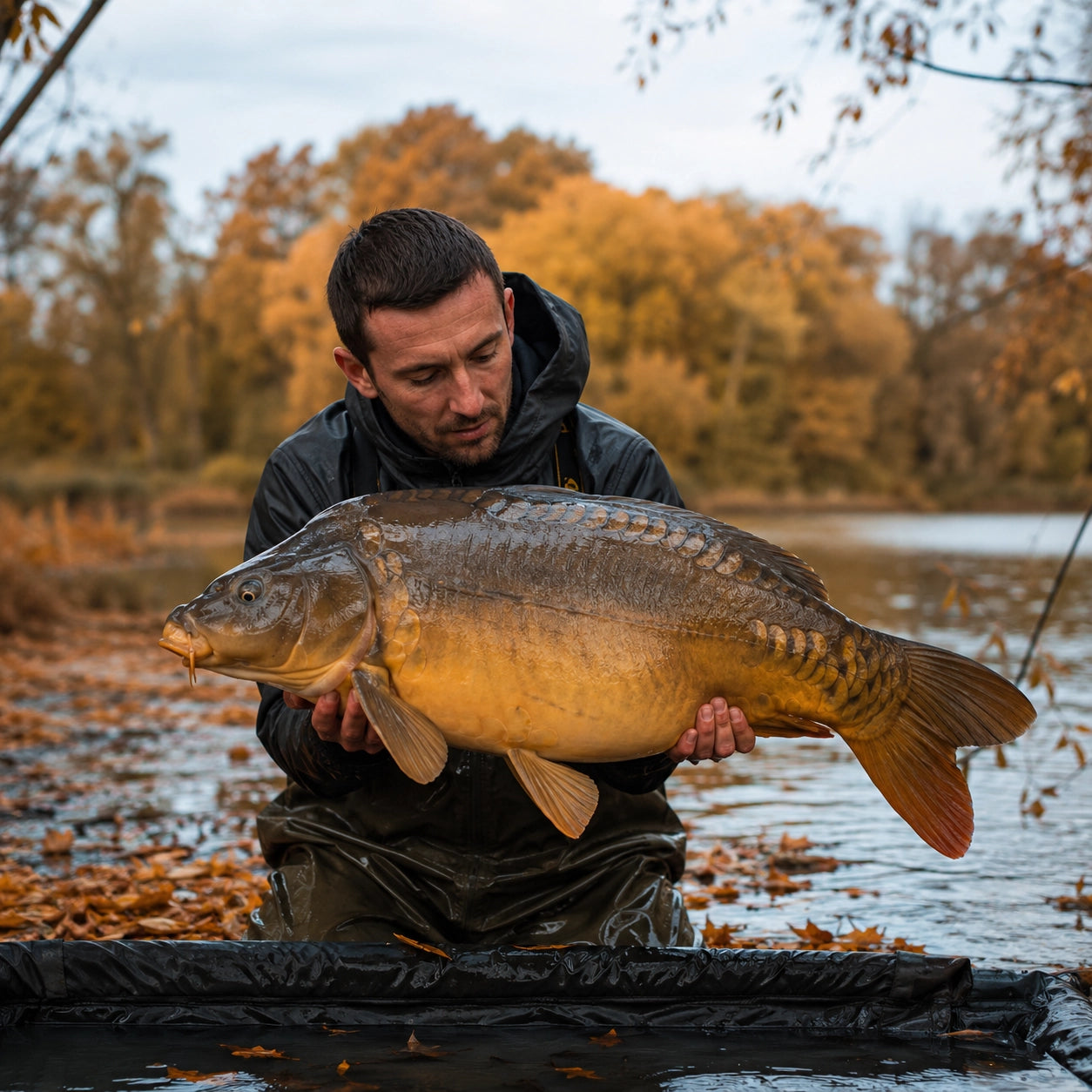 Pêcheur agenouillé avec une carpe miroir en automne, feuilles mortes au sol