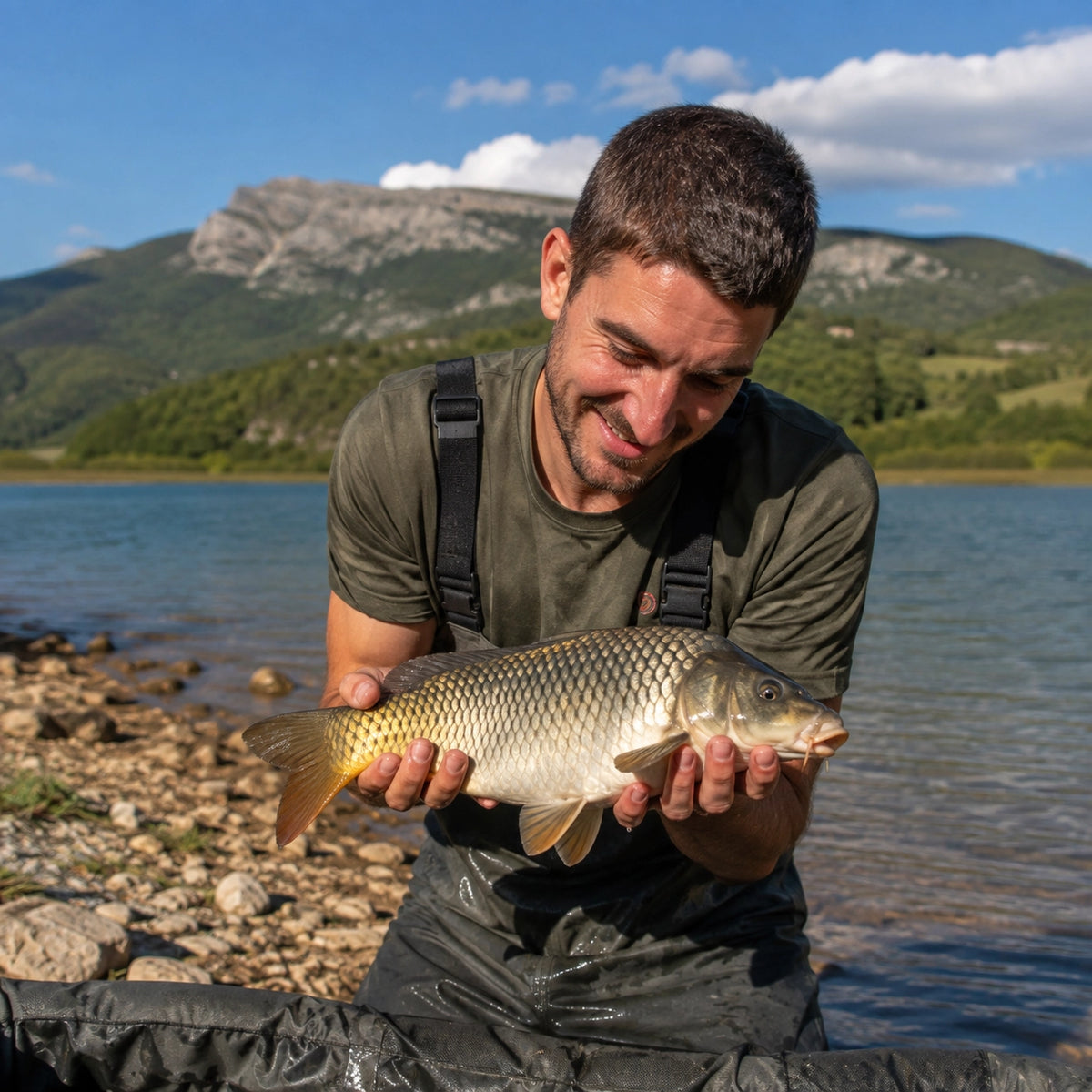 Carpe commune tenue au bord d'un lac des Alpes-de-Haute-Provence